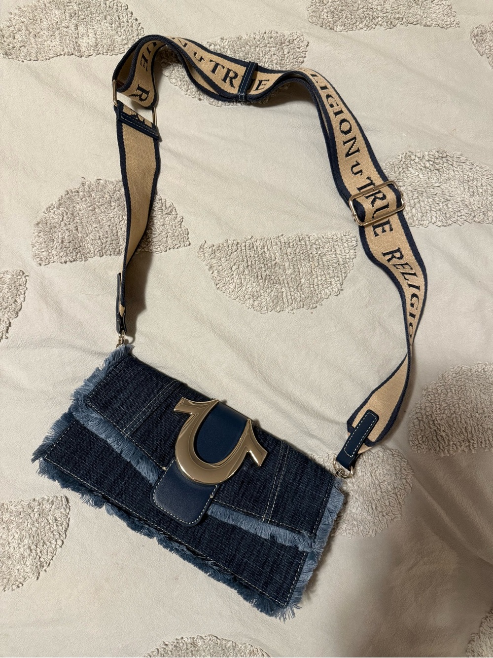 True Religion Dark Blue Denim Crossbody with Tan Branded Strap